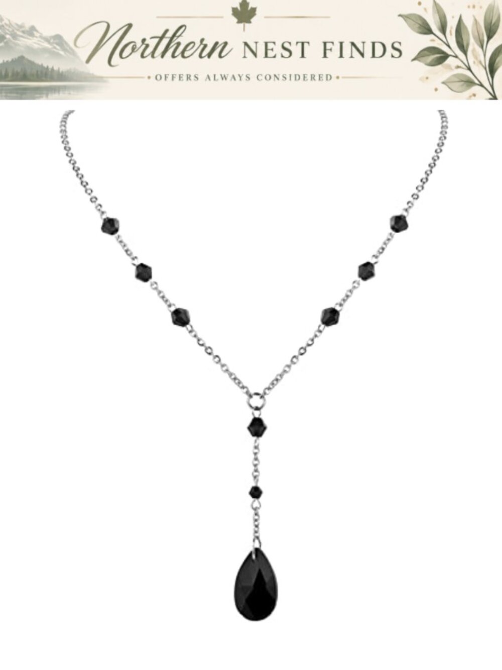 Stainless Steel Onyx Teardrop Y Necklace Handmade Goth Jewelry Gift for Women